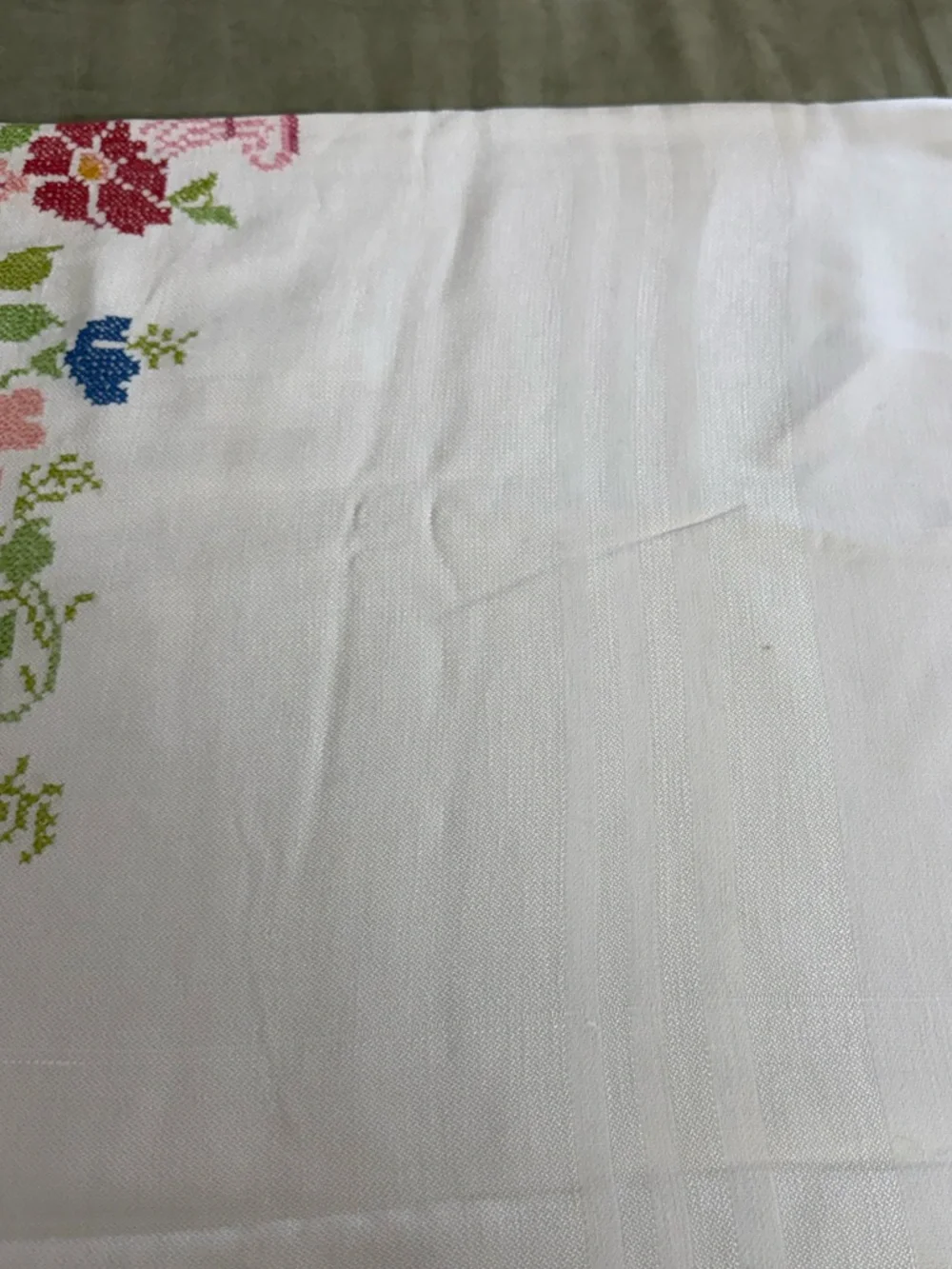 Embroidered Floral Linen Tablecloth - White with Pastel Flowers  OSK